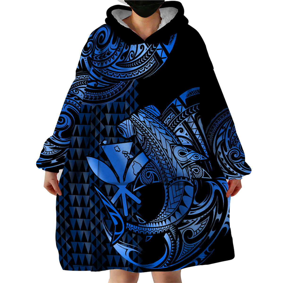 (Custom Personalised) Hawaii Hammerhead Shark Wearable Blanket Hoodie Polynesian Kakau With Kanaka Blue - Wonder Print Shop