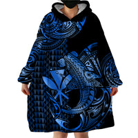 (Custom Personalised) Hawaii Hammerhead Shark Wearable Blanket Hoodie Polynesian Kakau With Kanaka Blue - Wonder Print Shop
