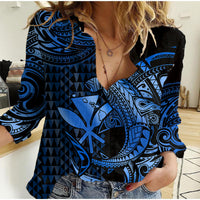 (Custom Personalised) Hawaii Hammerhead Shark Women Casual Shirt Polynesian Kakau With Kanaka Blue - Wonder Print Shop