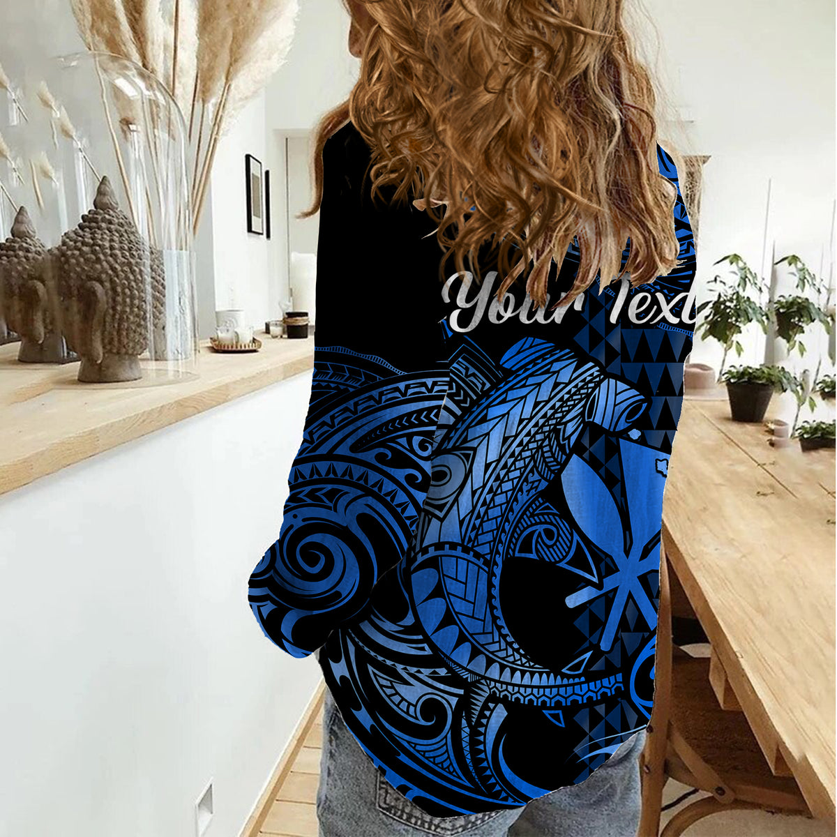(Custom Personalised) Hawaii Hammerhead Shark Women Casual Shirt Polynesian Kakau With Kanaka Blue - Wonder Print Shop