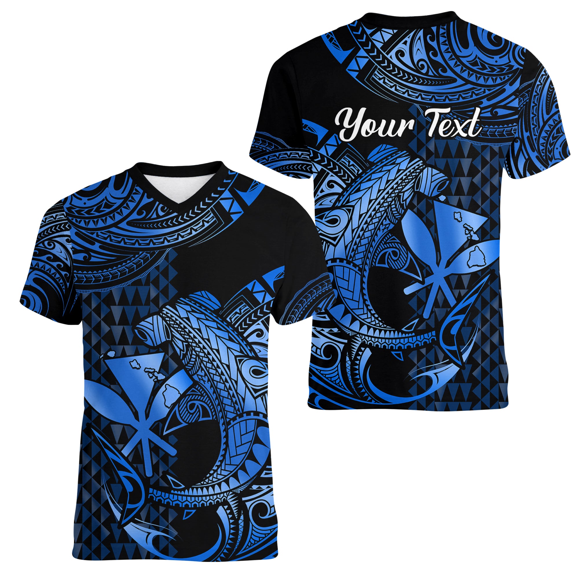 (Custom Personalised) Hawaii Hammerhead Shark Women V Neck T Shirt Polynesian Kakau With Kanaka Blue - Wonder Print Shop