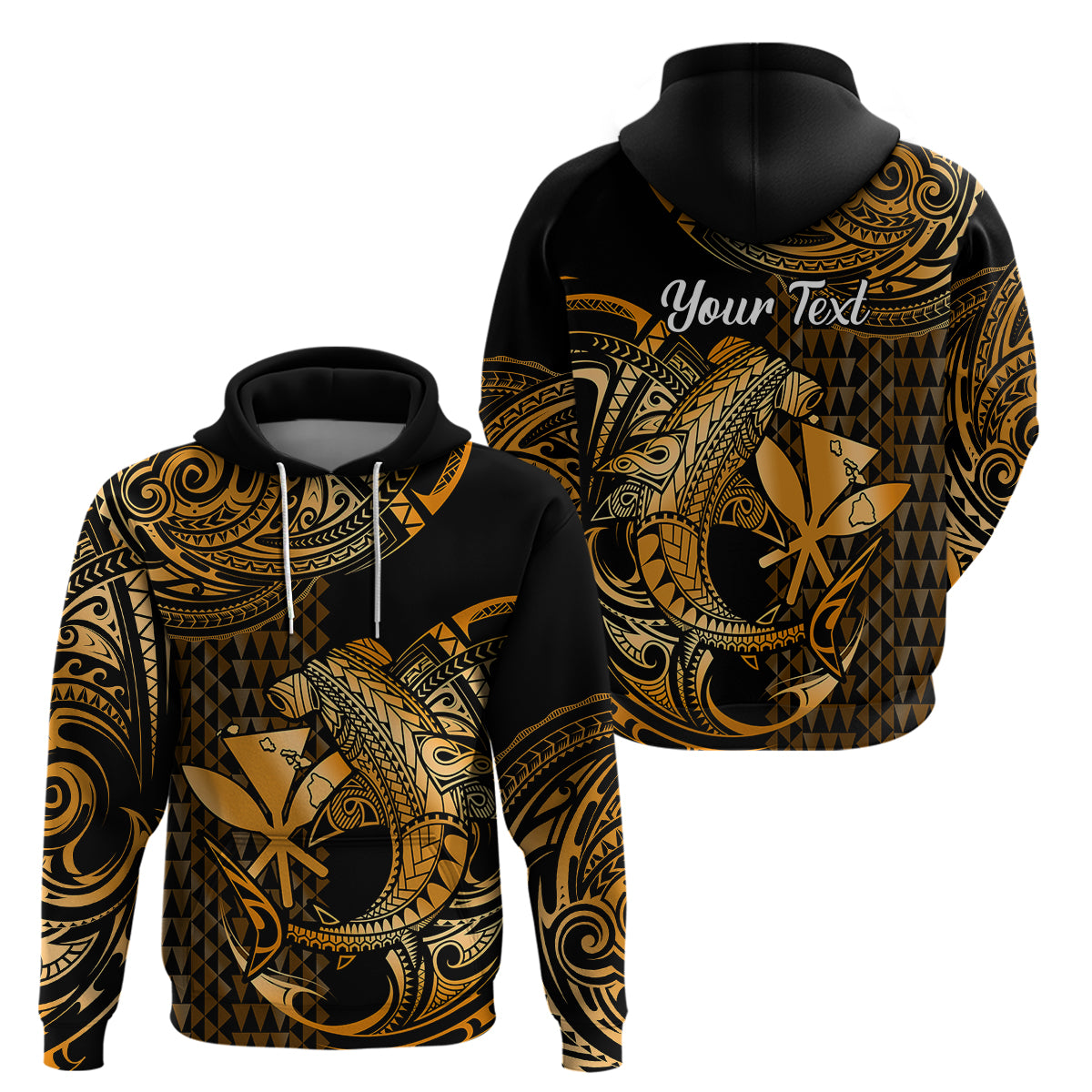 Custom Hawaii Hammerhead Shark Polynesian Hoodie Polynesian Kakau With Kanaka Gold - Wonder Print Shop