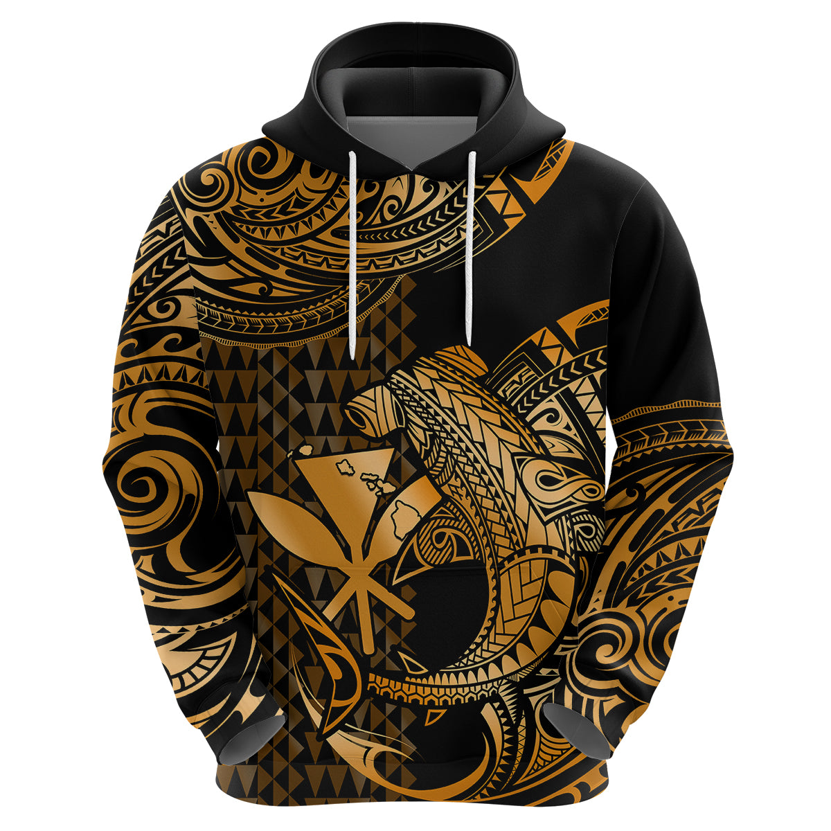 Custom Hawaii Hammerhead Shark Polynesian Hoodie Polynesian Kakau With Kanaka Gold - Wonder Print Shop