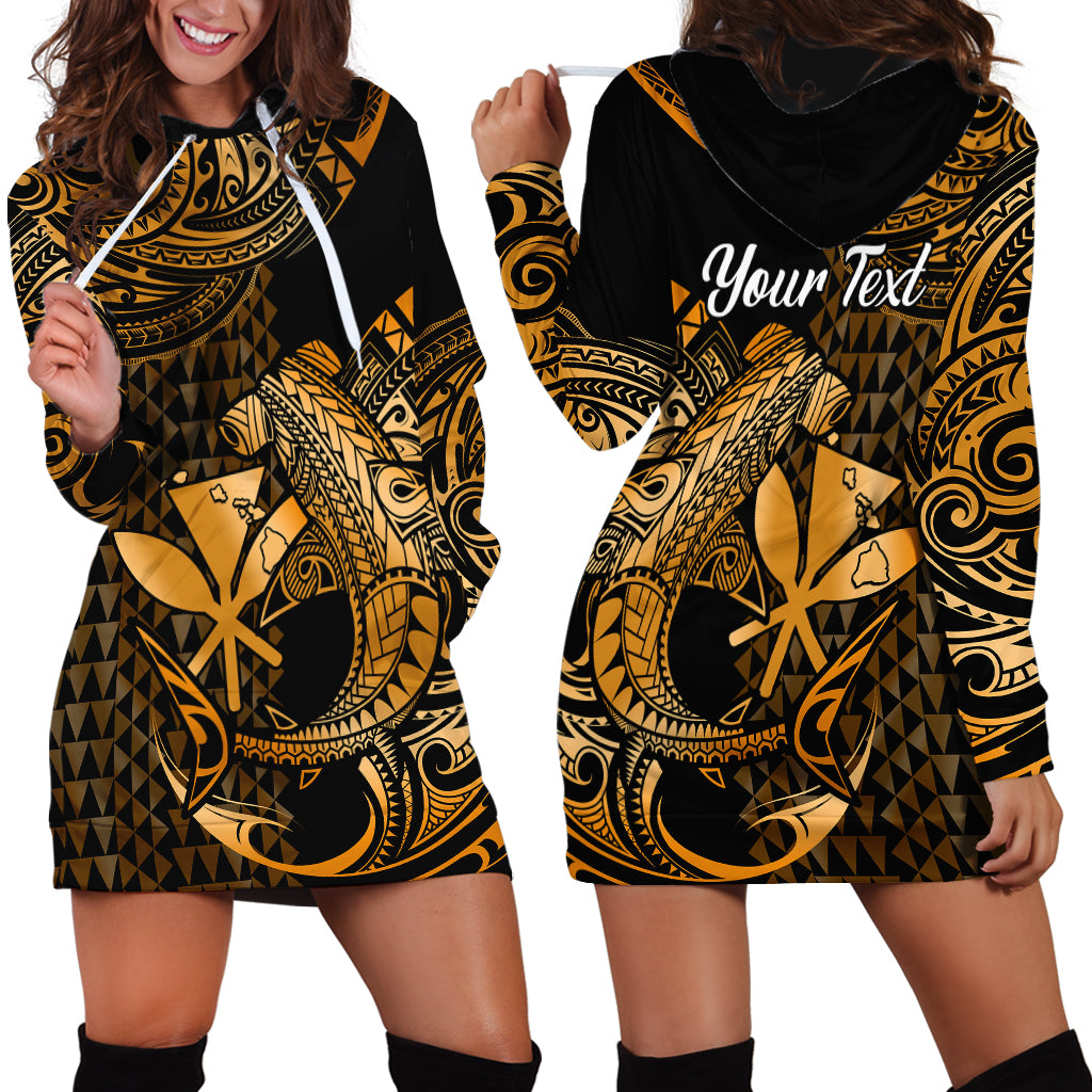 (Custom Personalised) Hawaii Hammerhead Shark Hoodie Dress Polynesian Kakau With Kanaka Gold - Wonder Print Shop