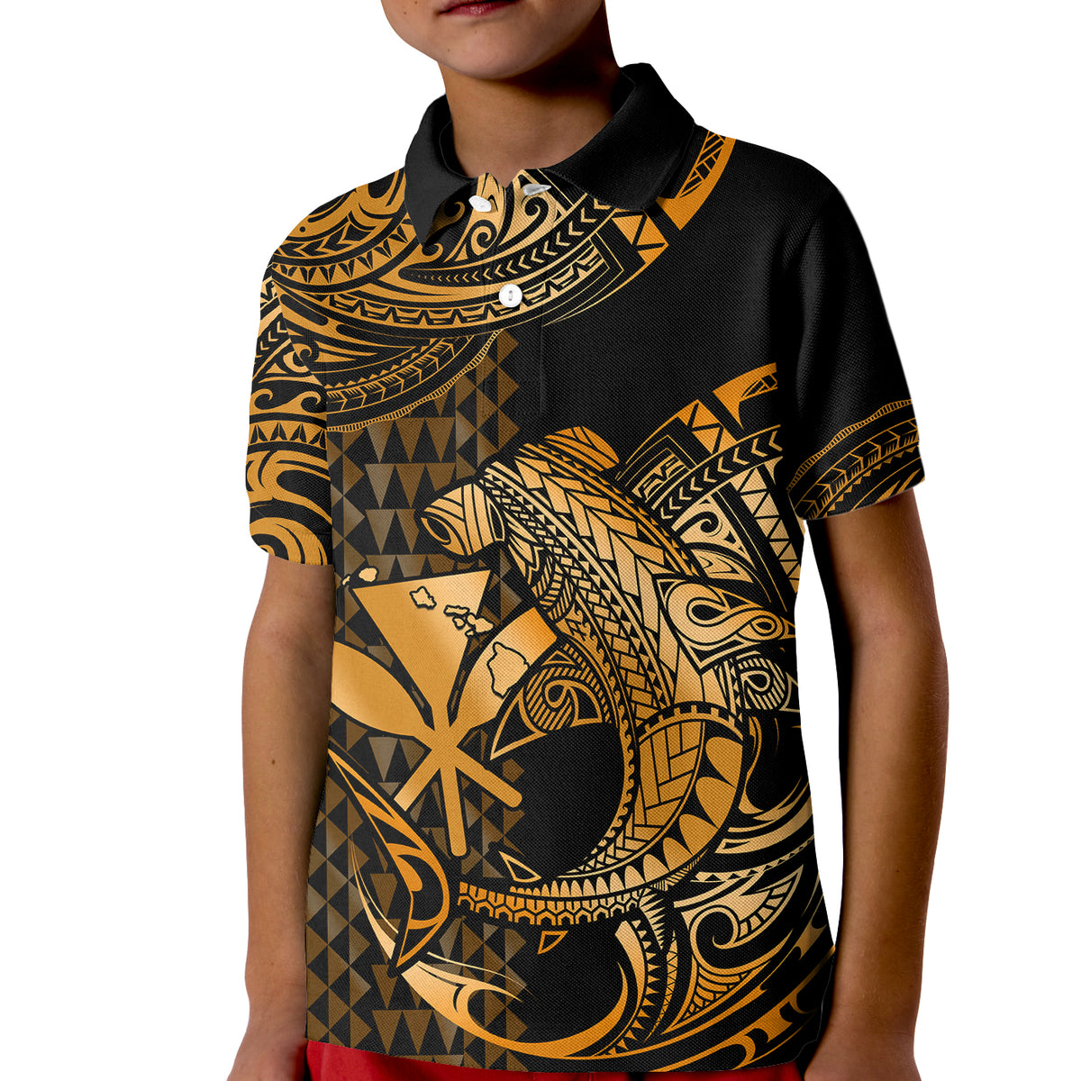 Custom Hawaii Hammerhead Shark Polo Shirt for Kid Polynesian Kakau With Kanaka Gold - Wonder Print Shop