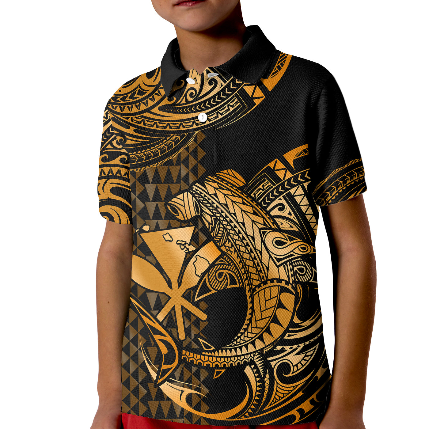 Custom Hawaii Hammerhead Shark Polo Shirt for Kid Polynesian Kakau With Kanaka Gold - Wonder Print Shop