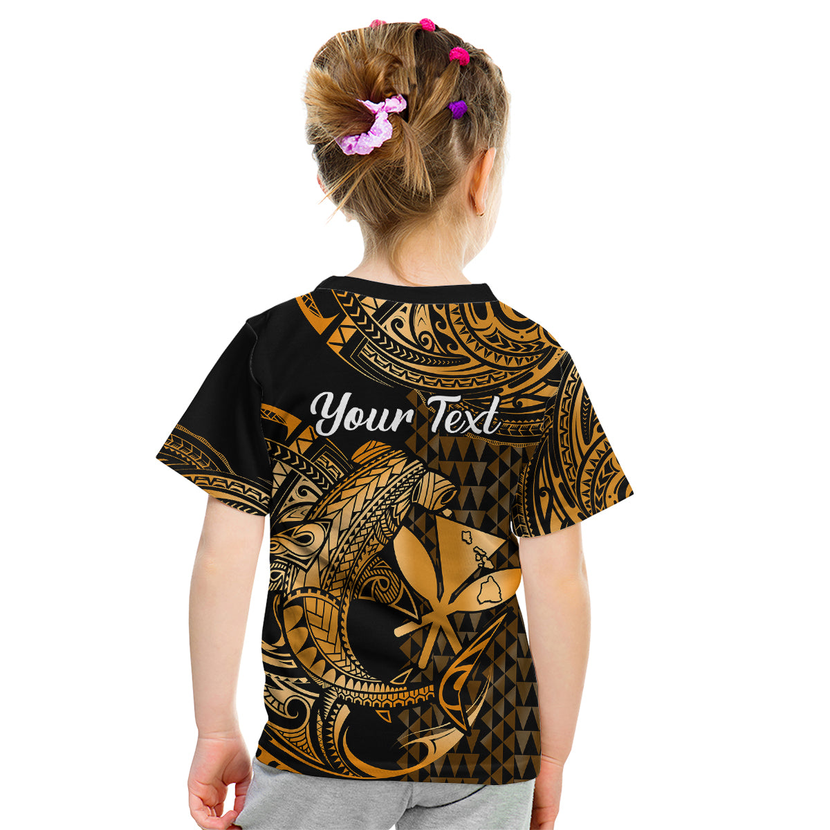 (Custom Personalised) Hawaii Hammerhead Shark Kid T Shirt Polynesian Kakau With Kanaka Gold - Wonder Print Shop