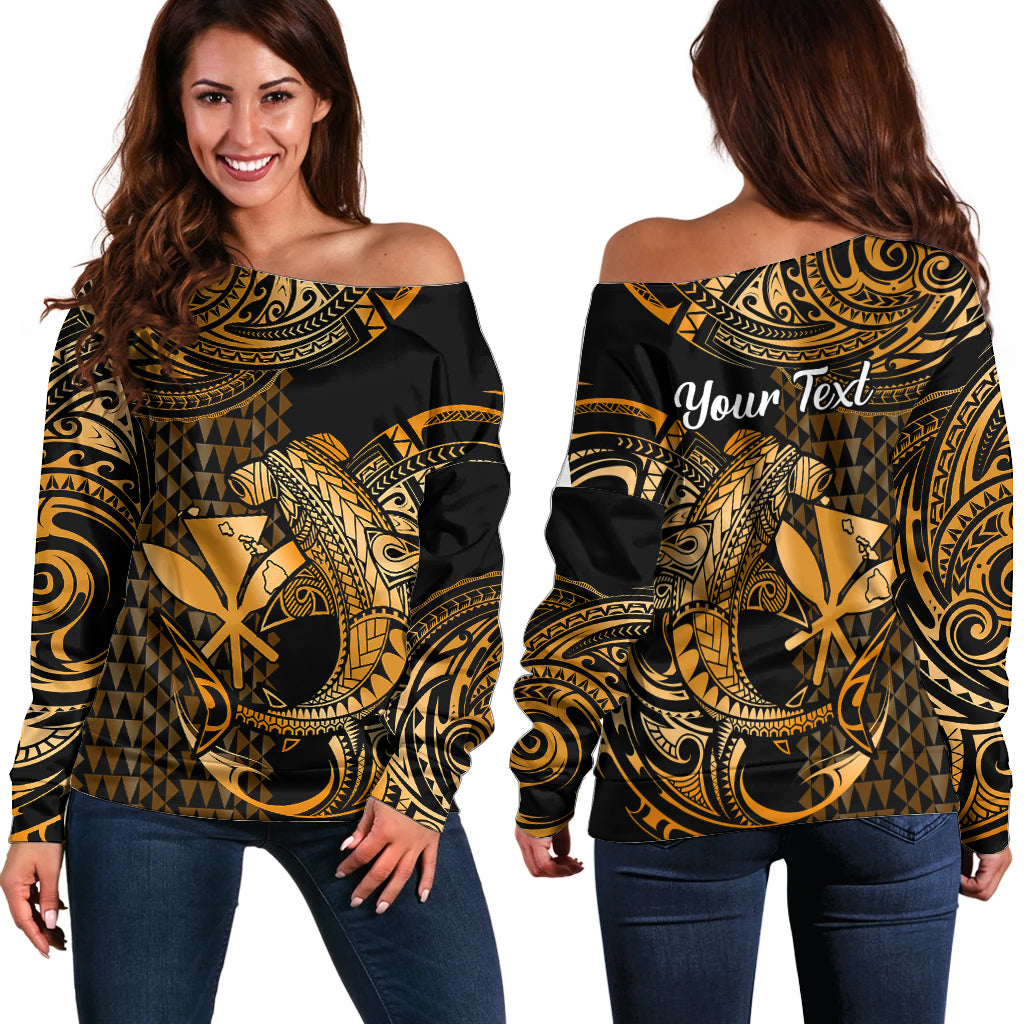 (Custom Personalised) Hawaii Hammerhead Shark Off Shoulder Sweater Polynesian Kakau With Kanaka Gold - Wonder Print Shop