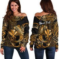 (Custom Personalised) Hawaii Hammerhead Shark Off Shoulder Sweater Polynesian Kakau With Kanaka Gold - Wonder Print Shop