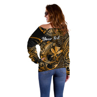 (Custom Personalised) Hawaii Hammerhead Shark Off Shoulder Sweater Polynesian Kakau With Kanaka Gold - Wonder Print Shop