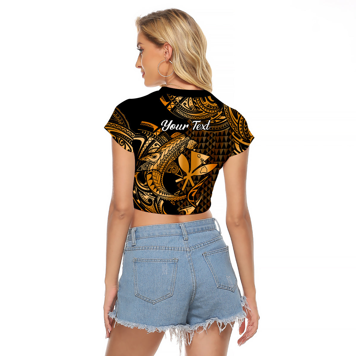 (Custom Personalised) Hawaii Hammerhead Shark Raglan Cropped T Shirt Polynesian Kakau With Kanaka Gold - Wonder Print Shop