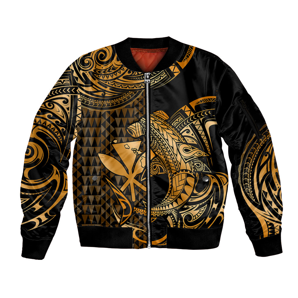 (Custom Personalised) Hawaii Hammerhead Shark Sleeve Zip Bomber Jacket Polynesian Kakau With Kanaka Gold - Wonder Print Shop