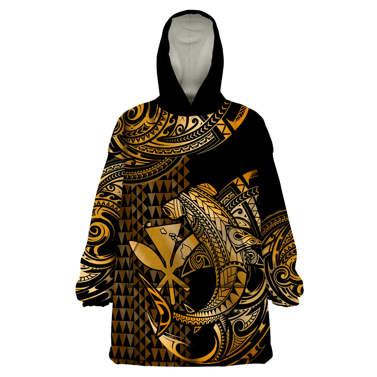 (Custom Personalised) Hawaii Hammerhead Shark Wearable Blanket Hoodie Polynesian Kakau With Kanaka Gold - Wonder Print Shop