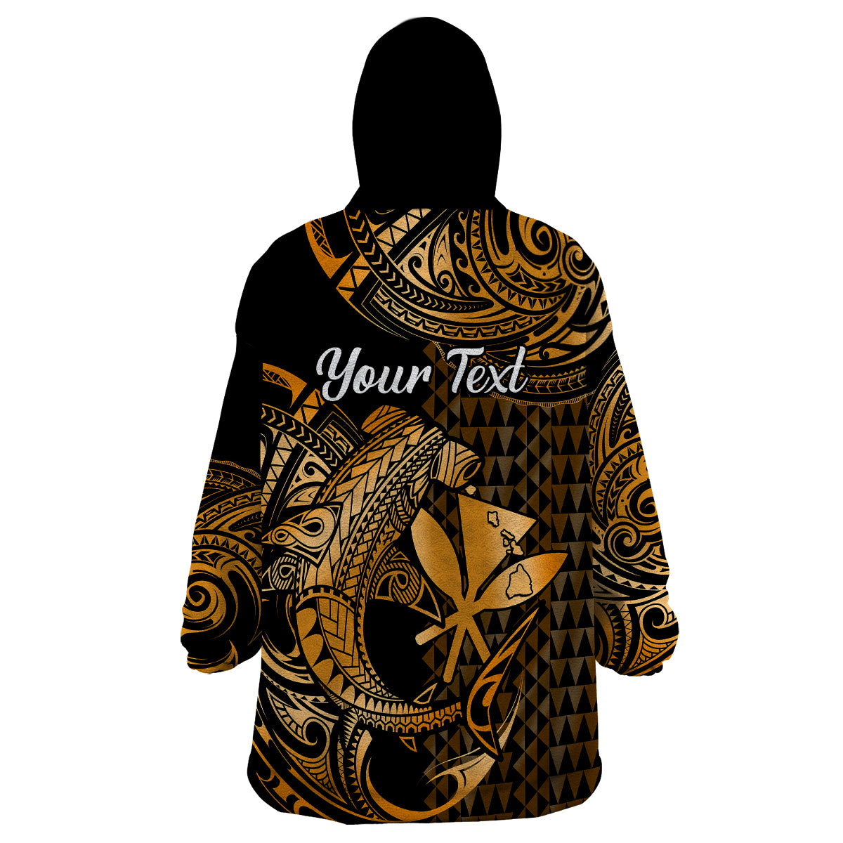(Custom Personalised) Hawaii Hammerhead Shark Wearable Blanket Hoodie Polynesian Kakau With Kanaka Gold - Wonder Print Shop