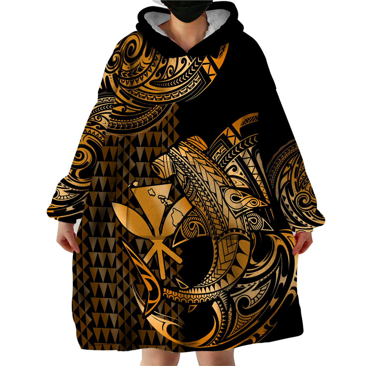 (Custom Personalised) Hawaii Hammerhead Shark Wearable Blanket Hoodie Polynesian Kakau With Kanaka Gold - Wonder Print Shop