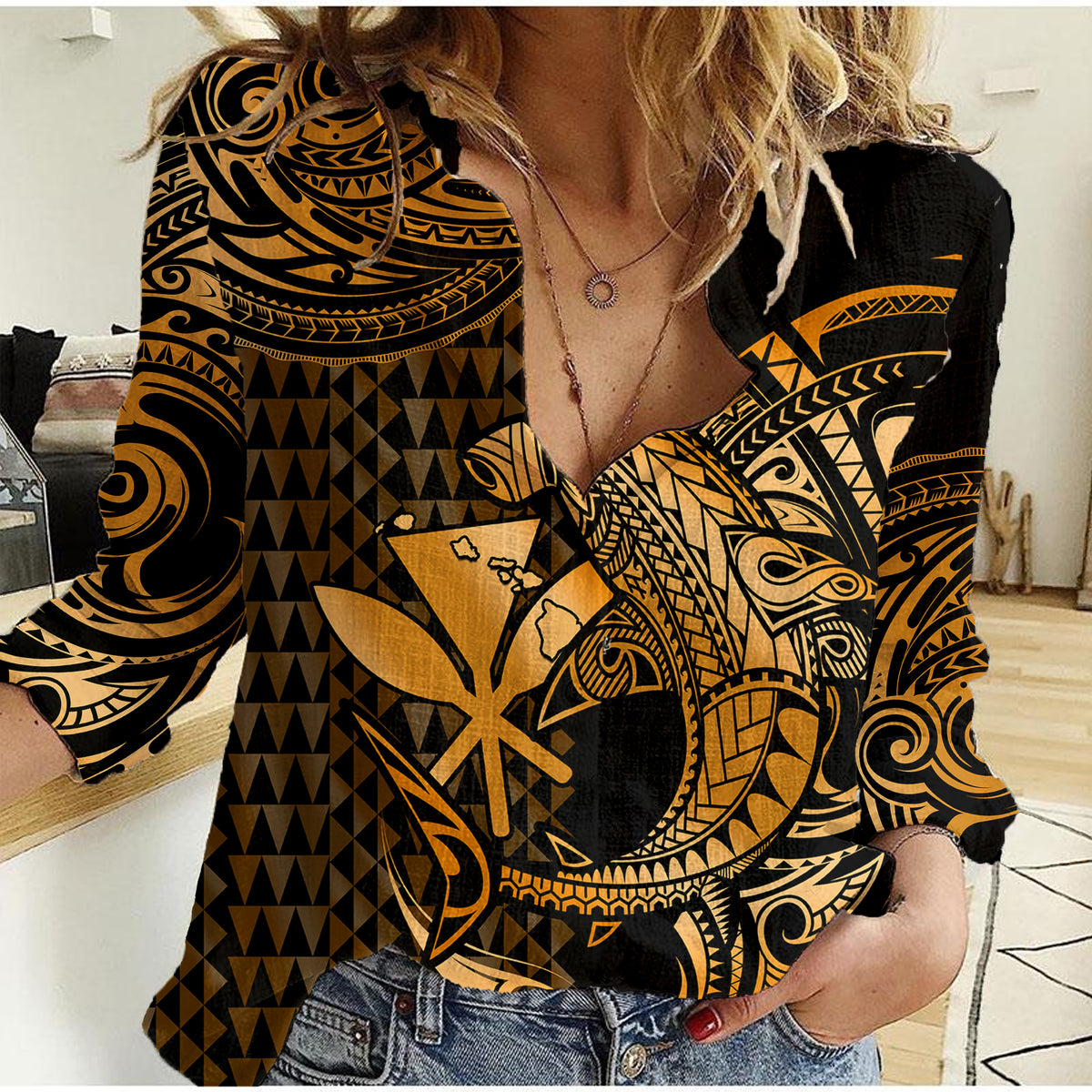 (Custom Personalised) Hawaii Hammerhead Shark Women Casual Shirt Polynesian Kakau With Kanaka Gold - Wonder Print Shop