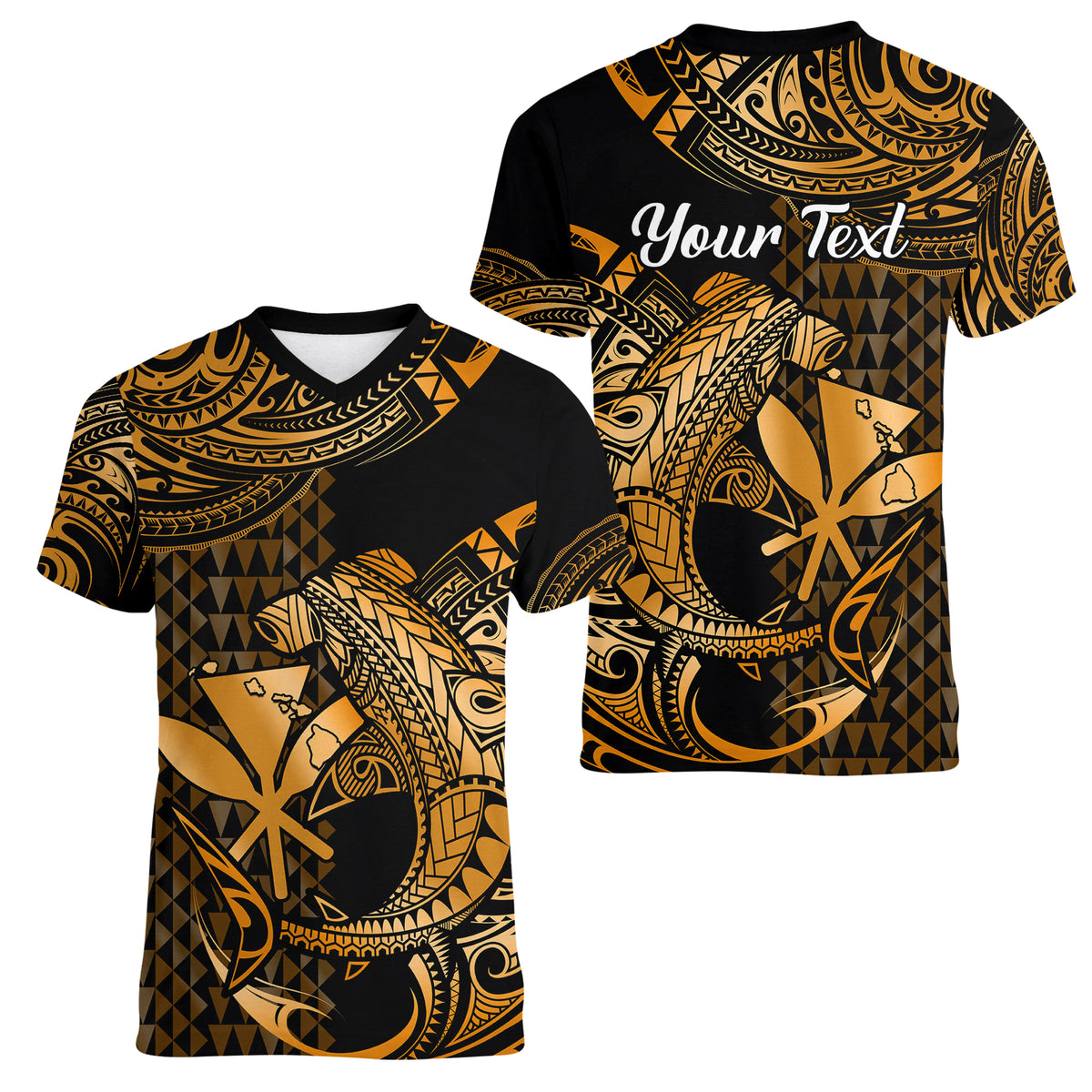 (Custom Personalised) Hawaii Hammerhead Shark Women V Neck T Shirt Polynesian Kakau With Kanaka Gold - Wonder Print Shop