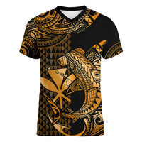 (Custom Personalised) Hawaii Hammerhead Shark Women V Neck T Shirt Polynesian Kakau With Kanaka Gold - Wonder Print Shop