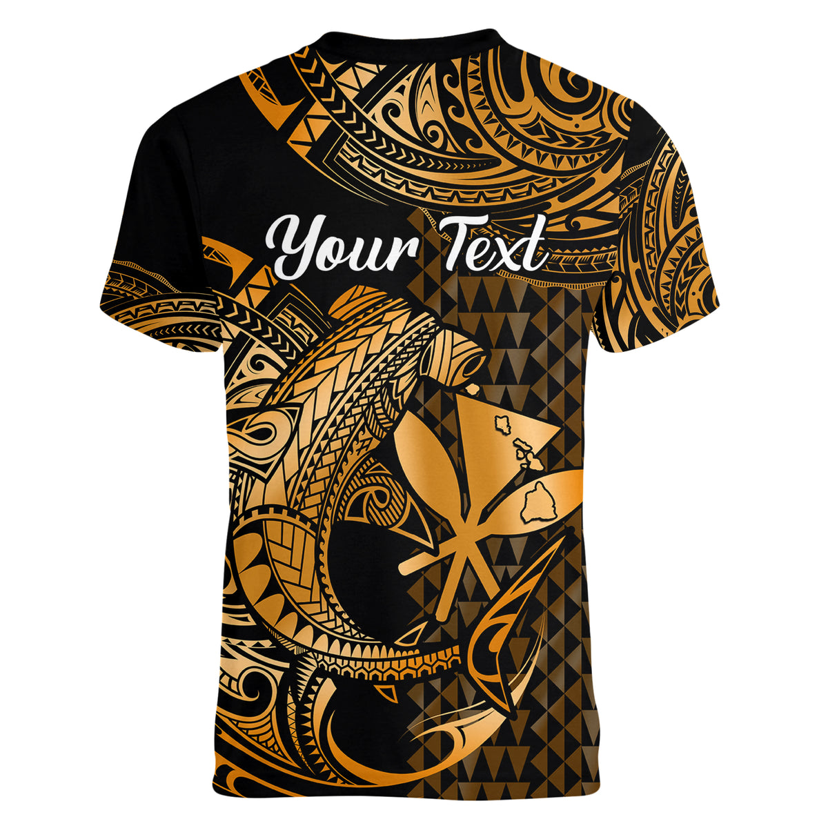 (Custom Personalised) Hawaii Hammerhead Shark Women V Neck T Shirt Polynesian Kakau With Kanaka Gold - Wonder Print Shop