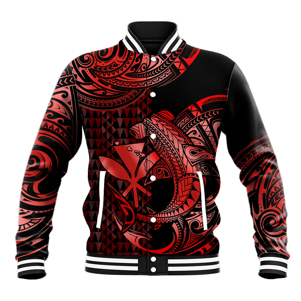 (Custom Personalised) Hawaii Hammerhead Shark Baseball Jacket Polynesian Kakau With Kanaka Red - Wonder Print Shop