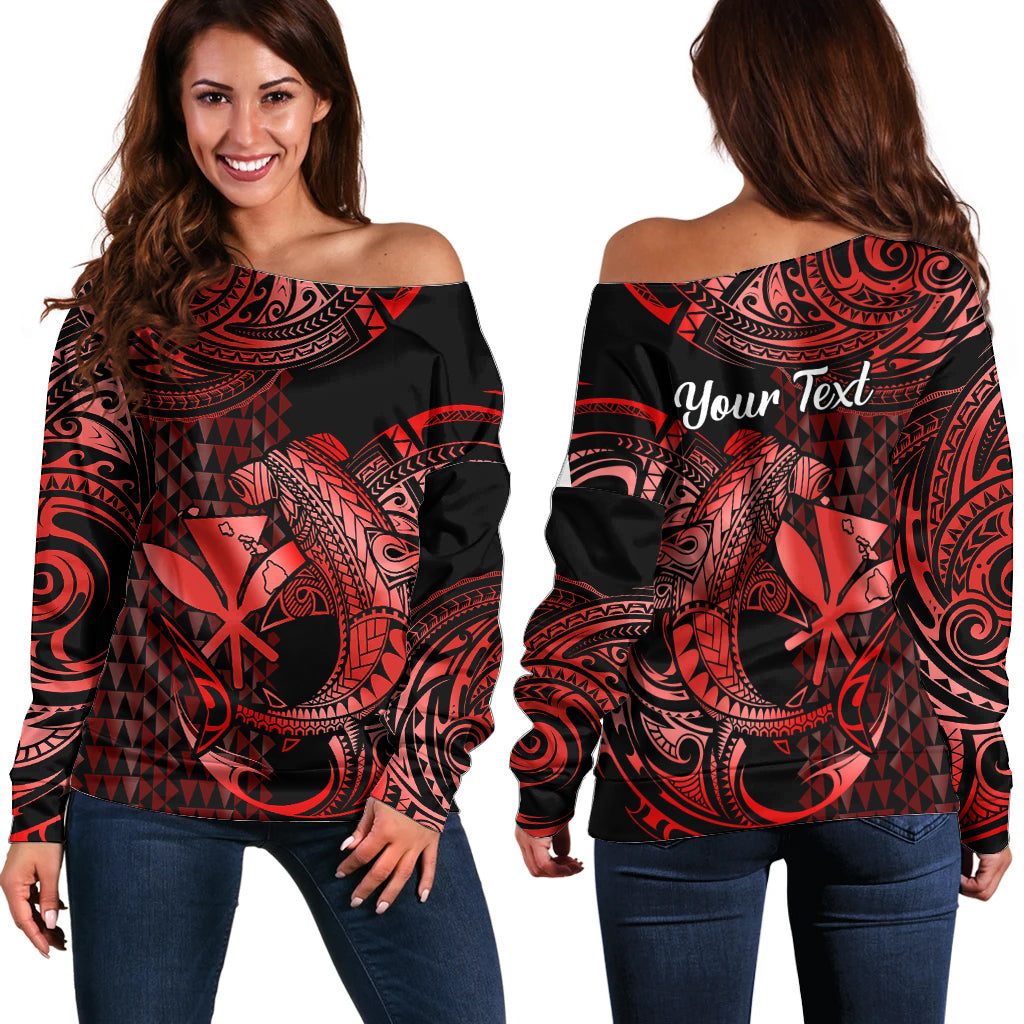 (Custom Personalised) Hawaii Hammerhead Shark Off Shoulder Sweater Polynesian Kakau With Kanaka Red - Wonder Print Shop
