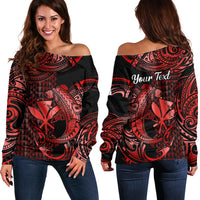 (Custom Personalised) Hawaii Hammerhead Shark Off Shoulder Sweater Polynesian Kakau With Kanaka Red - Wonder Print Shop