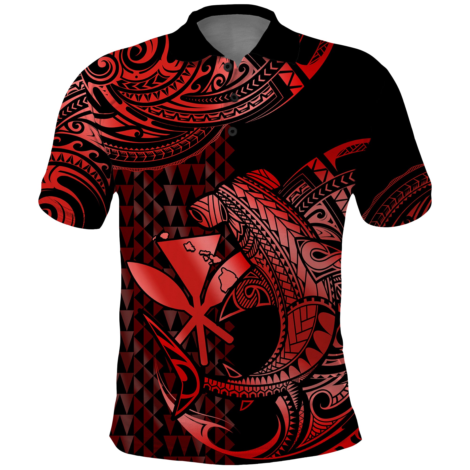 Custom Hawaii Hammerhead Shark Polynesian Tatoo Polo Shirt Polynesian Kakau With Kanaka Red - Wonder Print Shop