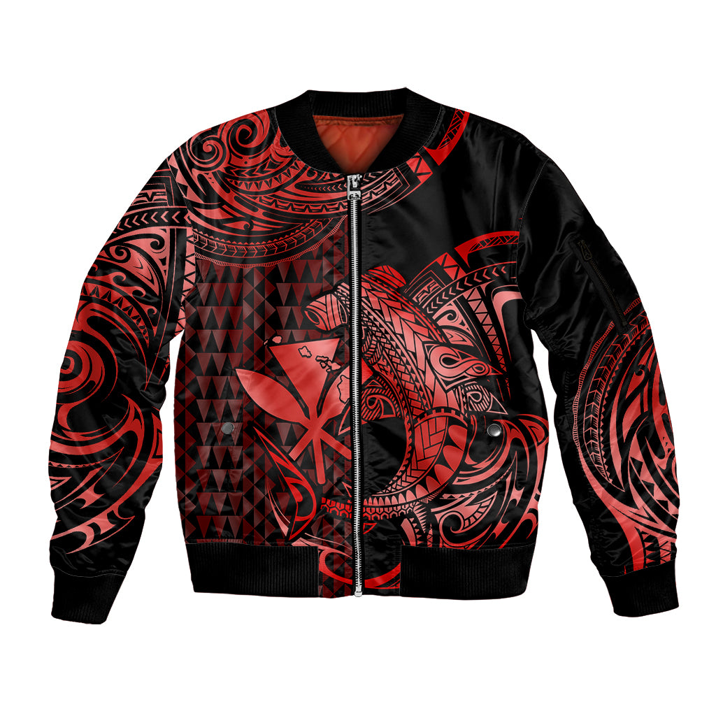 (Custom Personalised) Hawaii Hammerhead Shark Sleeve Zip Bomber Jacket Polynesian Kakau With Kanaka Red - Wonder Print Shop