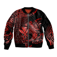 (Custom Personalised) Hawaii Hammerhead Shark Sleeve Zip Bomber Jacket Polynesian Kakau With Kanaka Red - Wonder Print Shop
