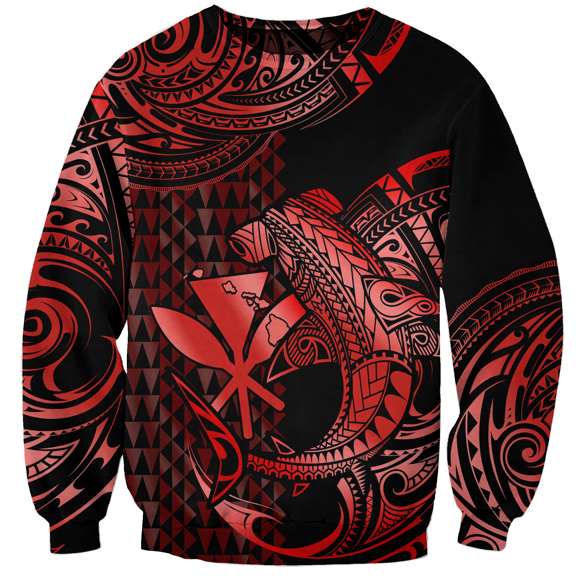 (Custom Personalised) Hawaii Hammerhead Shark Sweatshirt Polynesian Kakau With Kanaka Red - Wonder Print Shop
