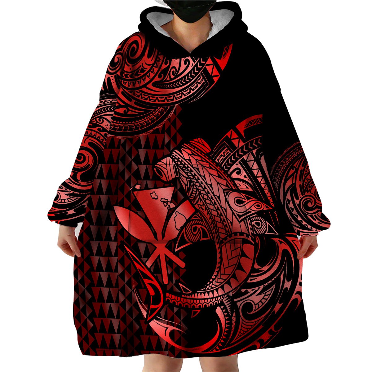 (Custom Personalised) Hawaii Hammerhead Shark Wearable Blanket Hoodie Polynesian Kakau With Kanaka Red - Wonder Print Shop