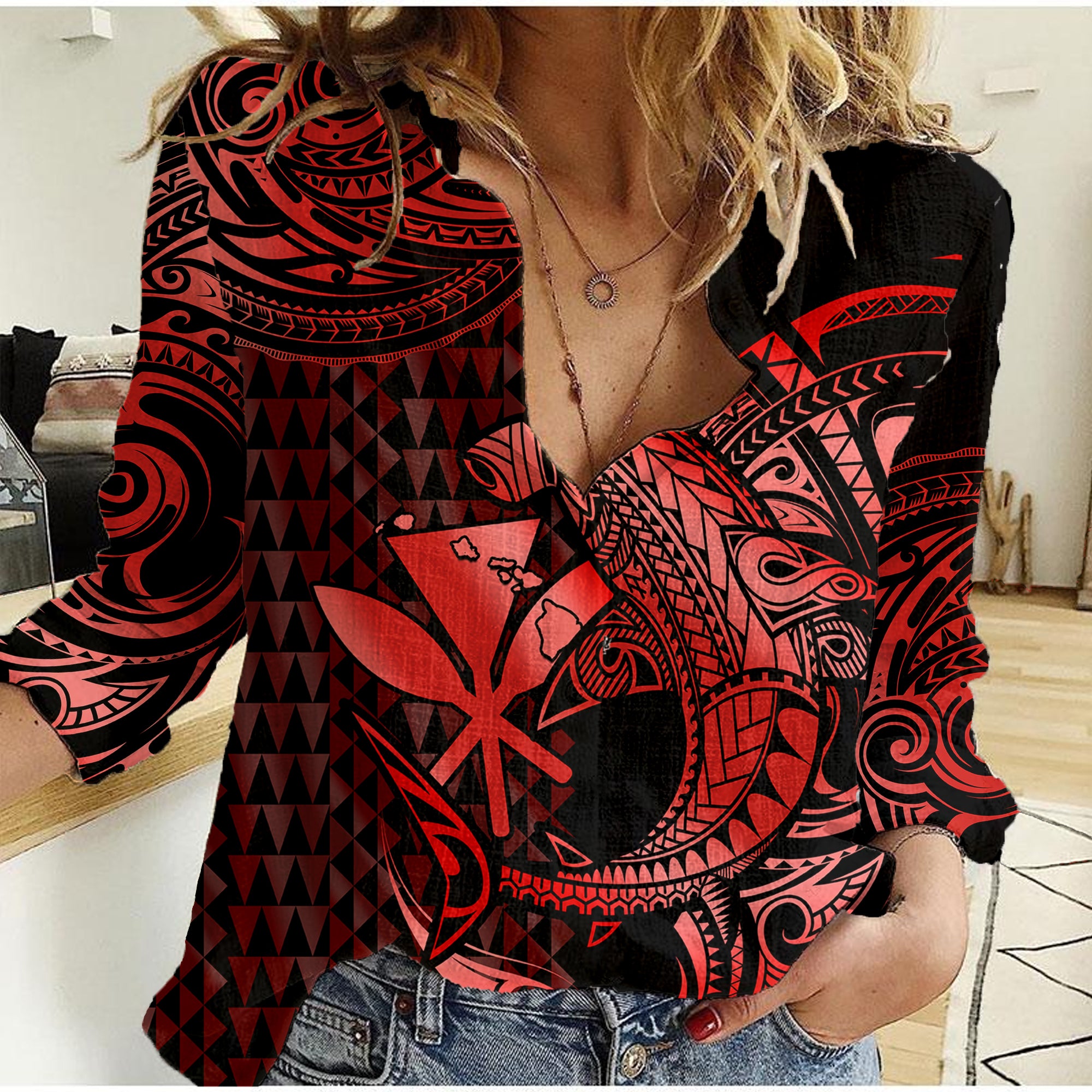 (Custom Personalised) Hawaii Hammerhead Shark Women Casual Shirt Polynesian Kakau With Kanaka Red - Wonder Print Shop