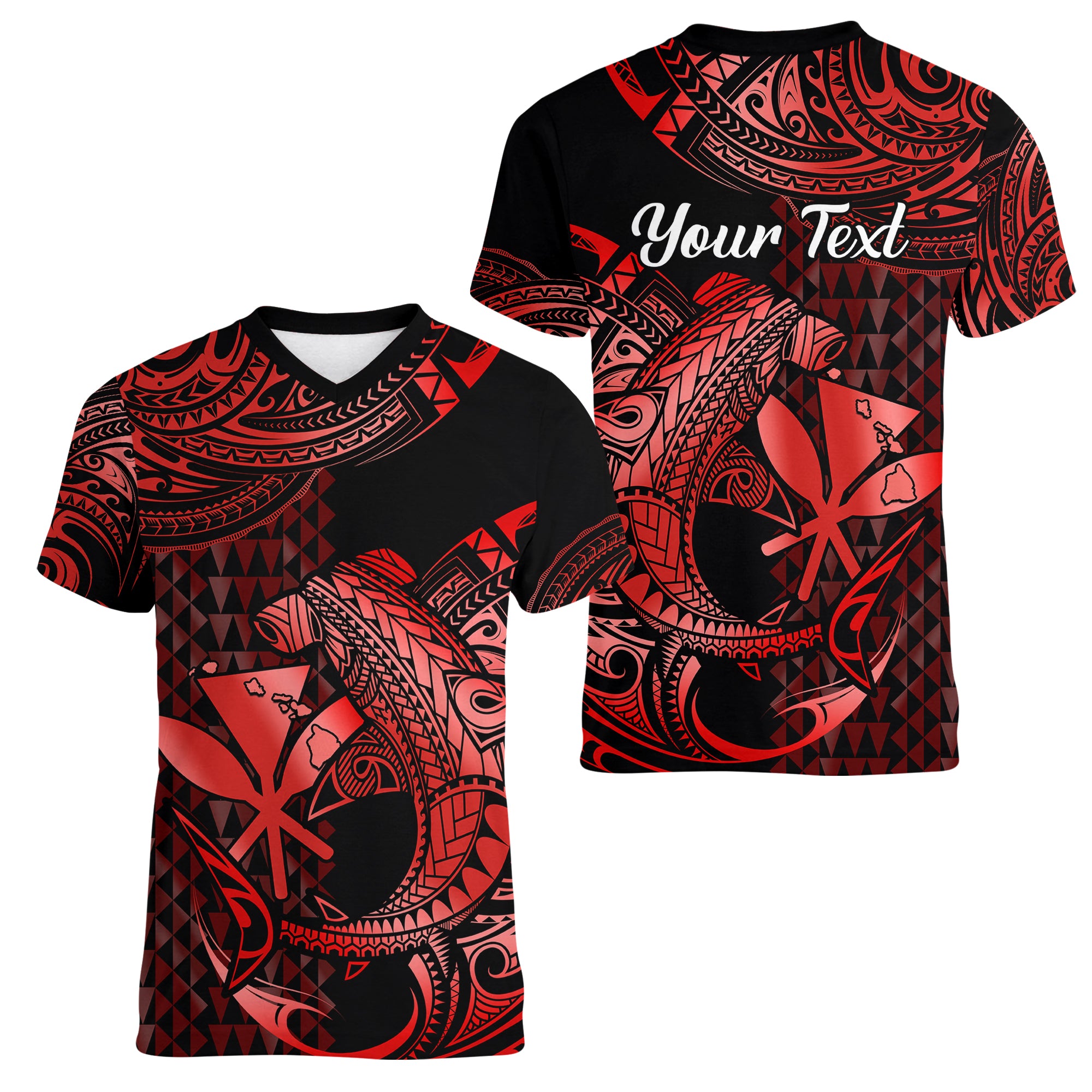 (Custom Personalised) Hawaii Hammerhead Shark Women V Neck T Shirt Polynesian Kakau With Kanaka Red - Wonder Print Shop