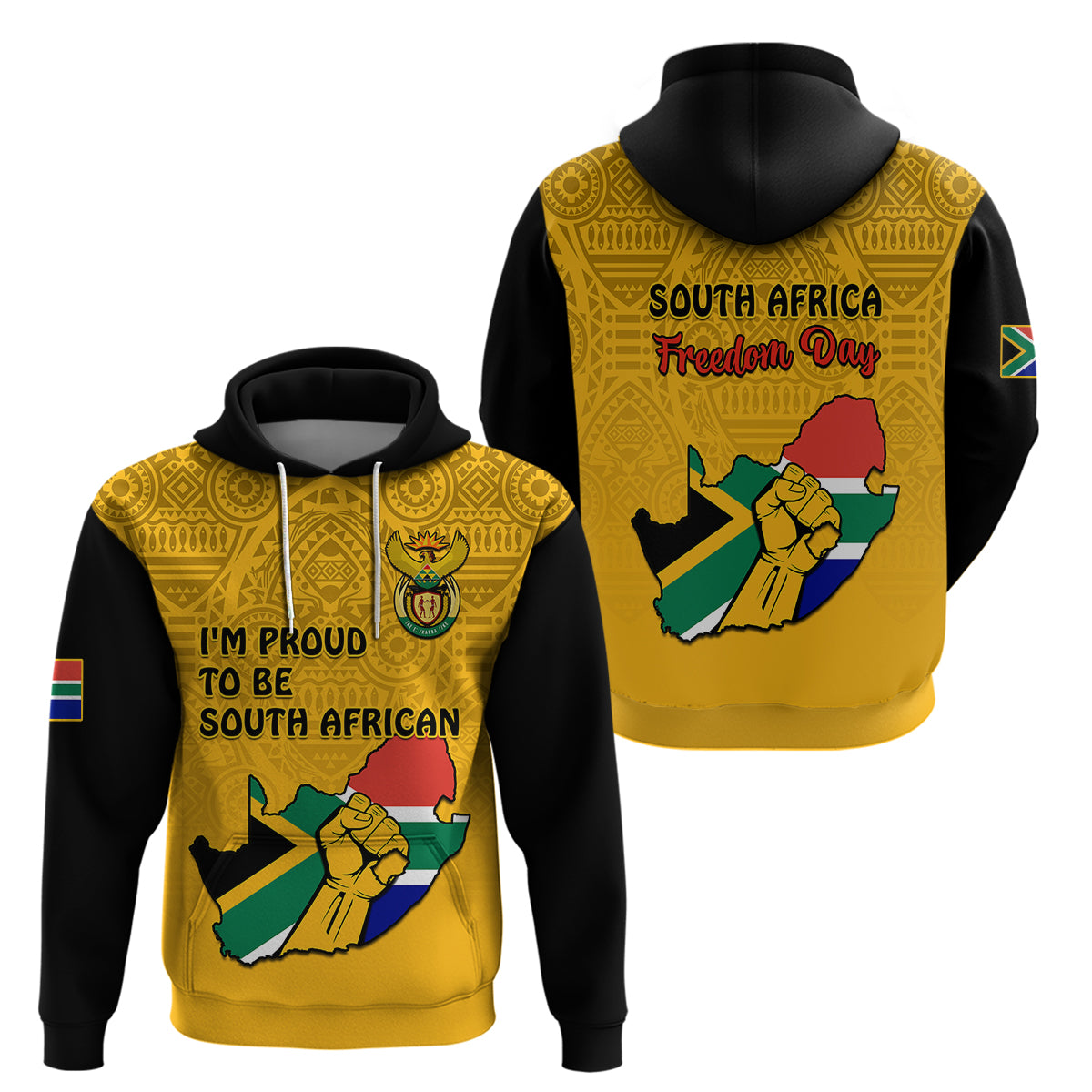 South Africa Hoodie African Pattern Happy Freedom Day Yellow Version - Wonder Print Shop