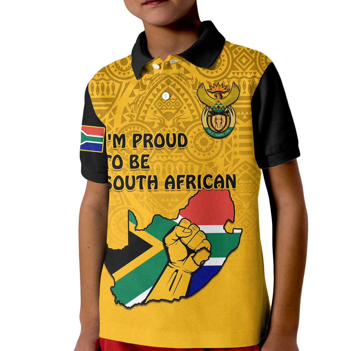 South Africa Polo Shirt for Kid African Pattern Happy Freedom Day Yellow Version - Wonder Print Shop