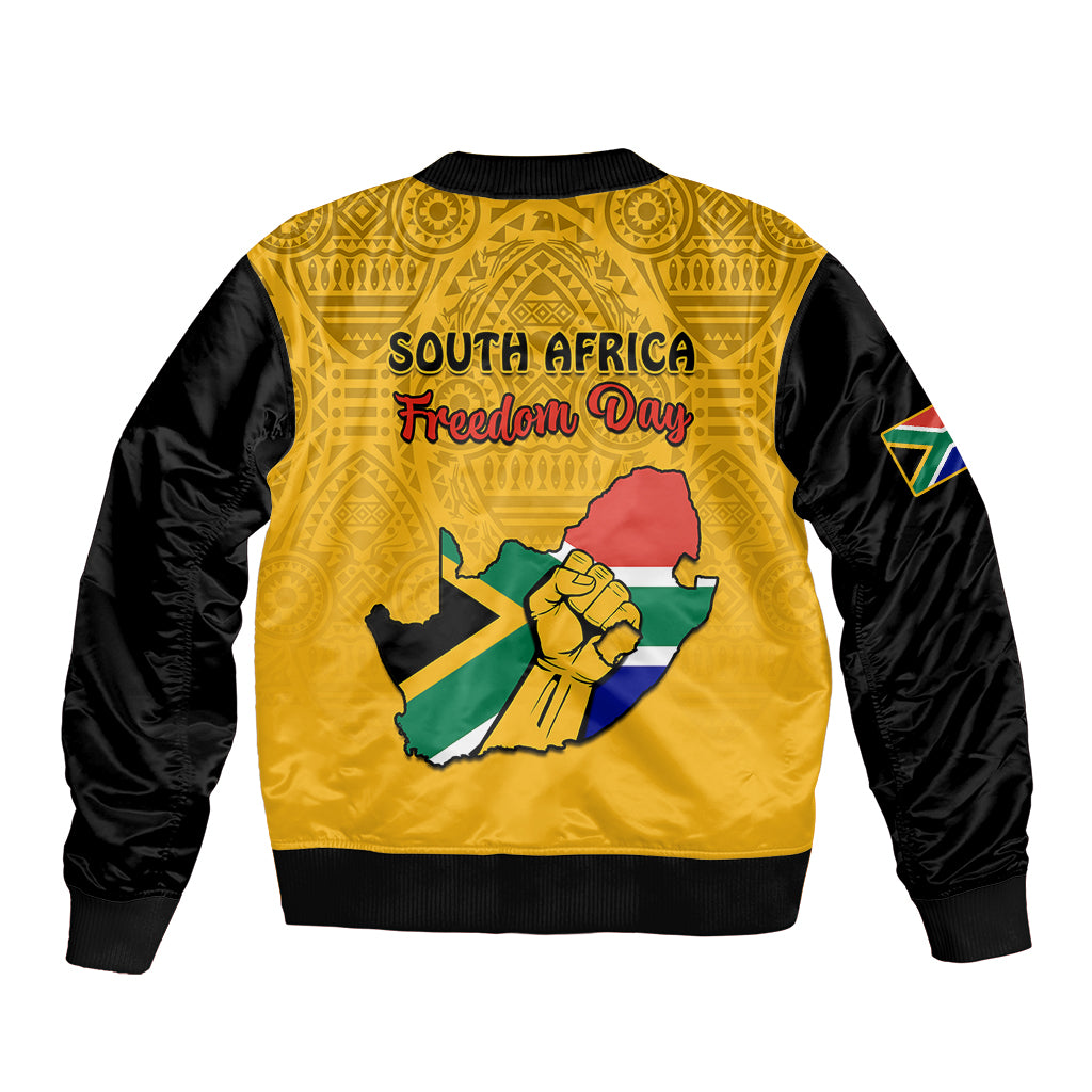 South Africa Sleeve Zip Bomber Jacket African Pattern Happy Freedom Day Yellow Version - Wonder Print Shop
