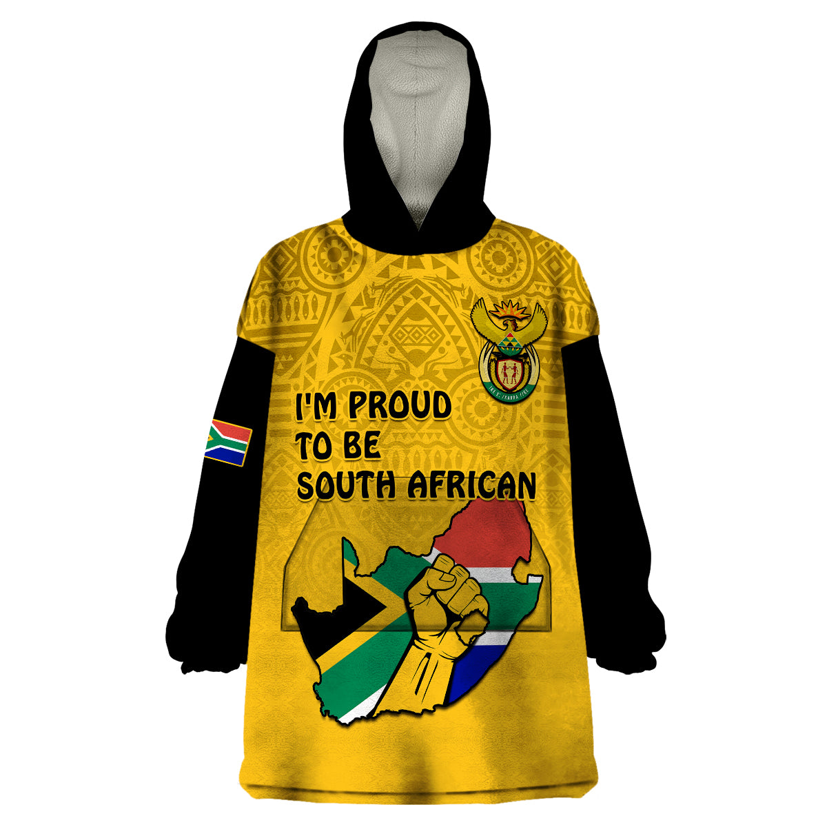 South Africa Wearable Blanket Hoodie African Pattern Happy Freedom Day Yellow Version - Wonder Print Shop