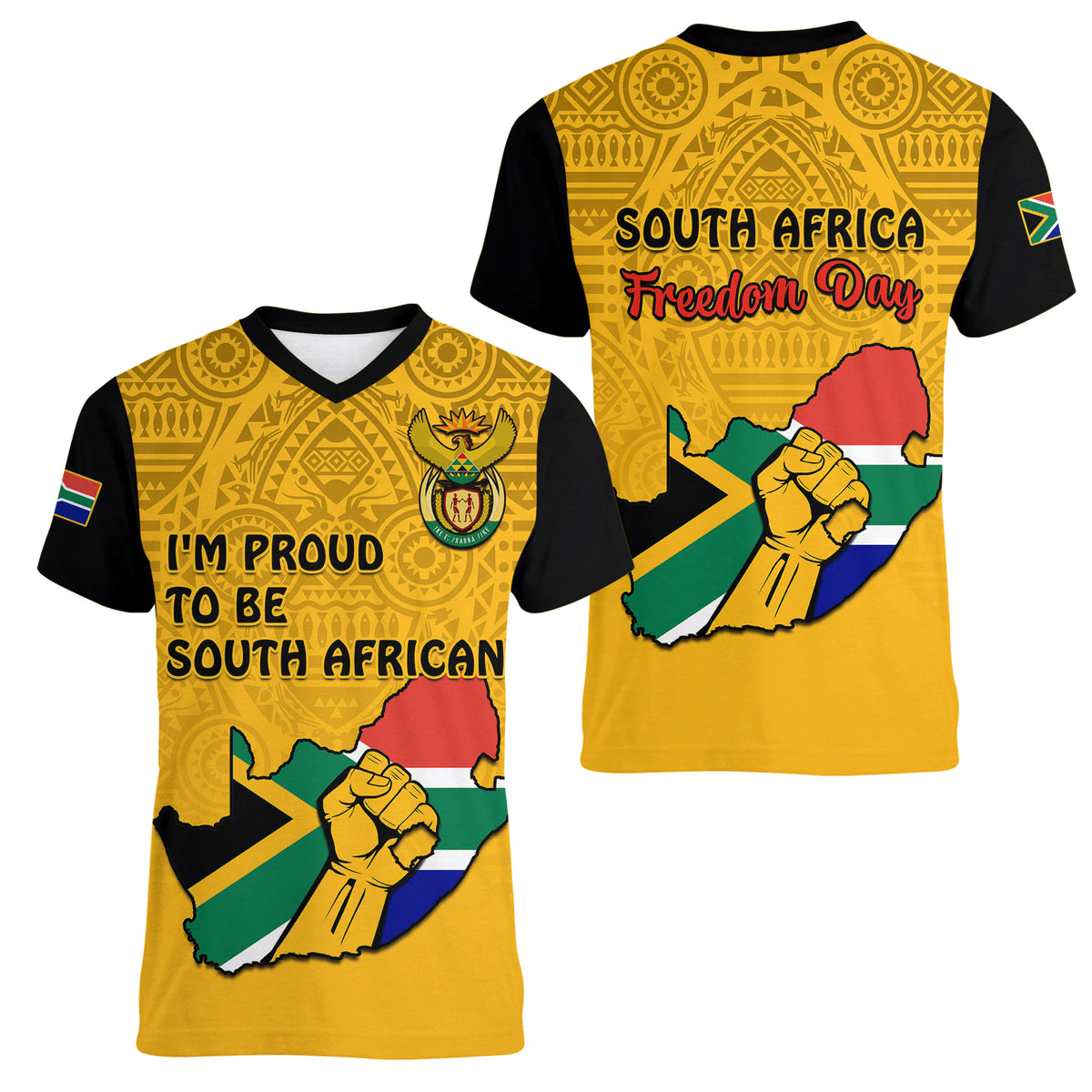 South Africa Women V Neck T Shirt African Pattern Happy Freedom Day Yellow Version - Wonder Print Shop