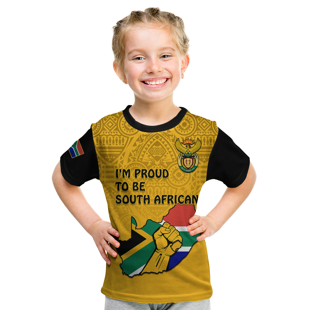 (Custom Personalised) South Africa Kid T Shirt African Pattern Happy Freedom Day Yellow Version - Wonder Print Shop