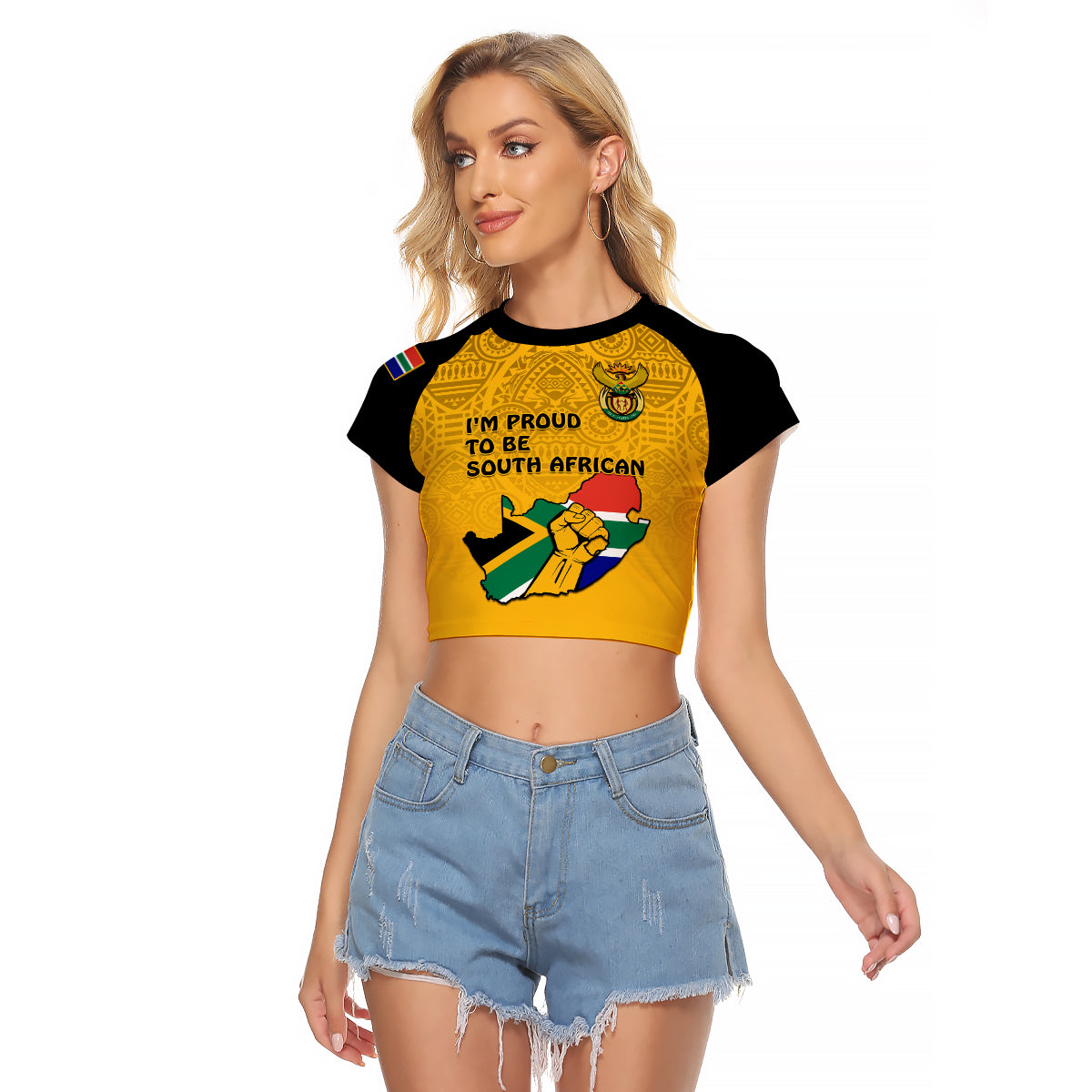 (Custom Personalised) South Africa Raglan Cropped T Shirt African Pattern Happy Freedom Day Yellow Version - Wonder Print Shop