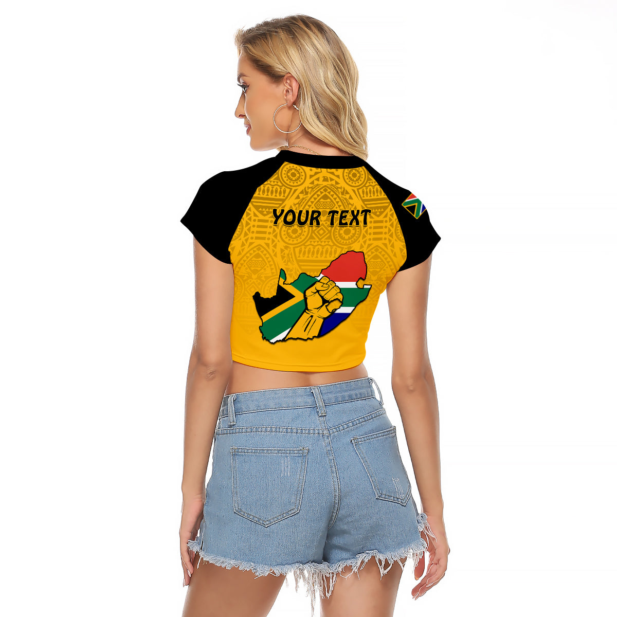 (Custom Personalised) South Africa Raglan Cropped T Shirt African Pattern Happy Freedom Day Yellow Version - Wonder Print Shop