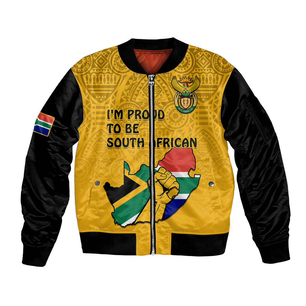 (Custom Personalised) South Africa Sleeve Zip Bomber Jacket African Pattern Happy Freedom Day Yellow Version - Wonder Print Shop