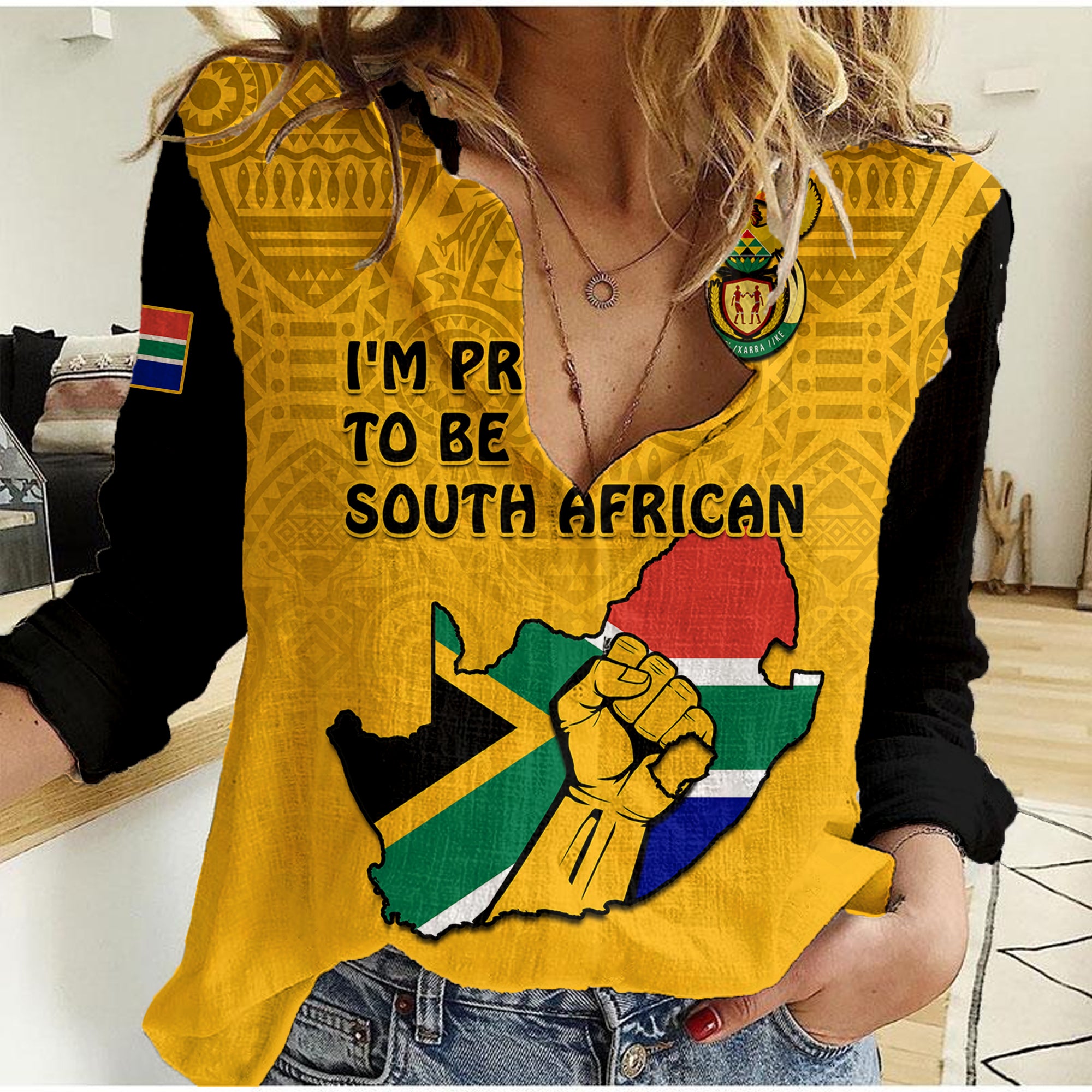 (Custom Personalised) South Africa Women Casual Shirt African Pattern Happy Freedom Day Yellow Version - Wonder Print Shop