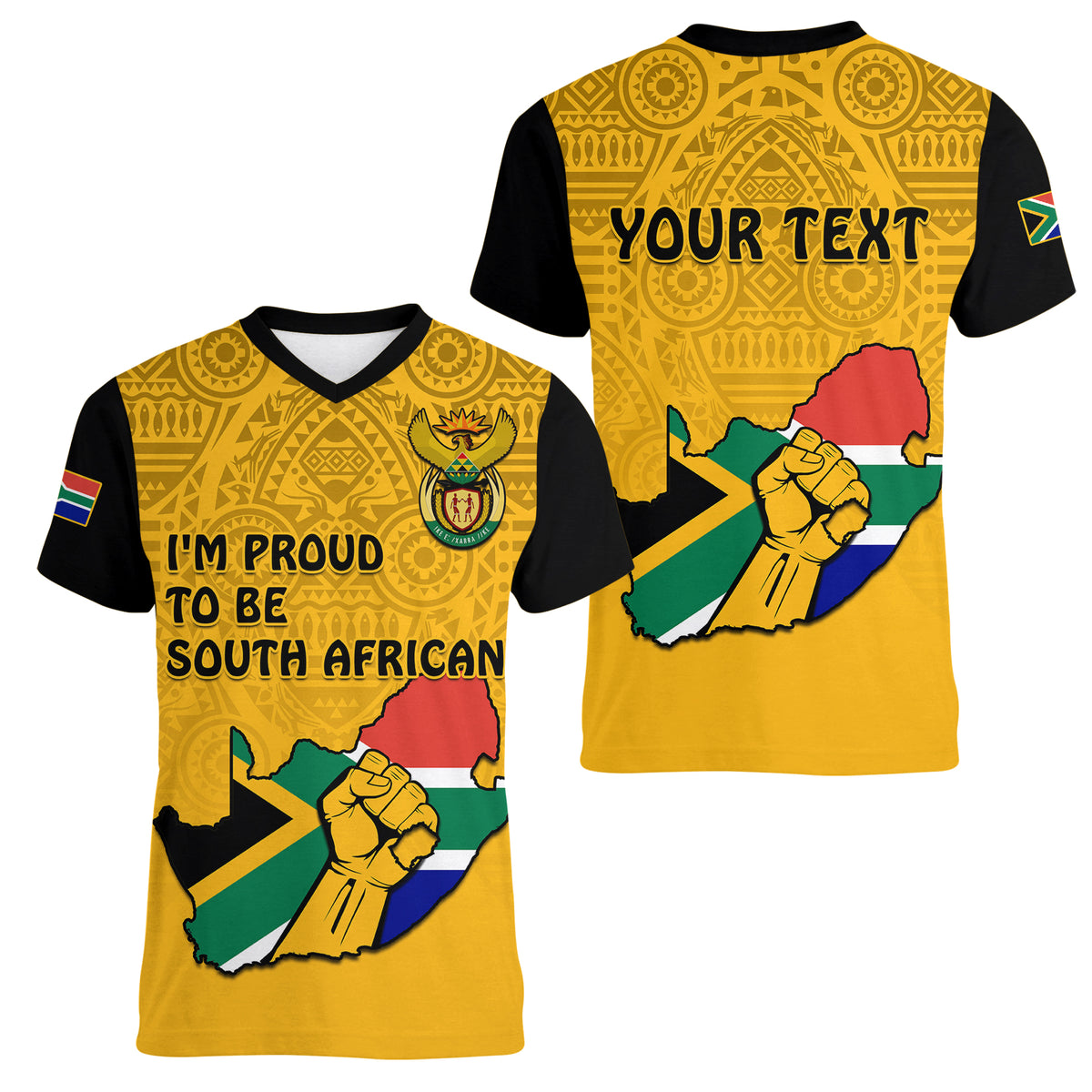 (Custom Personalised) South Africa Women V Neck T Shirt African Pattern Happy Freedom Day Yellow Version - Wonder Print Shop