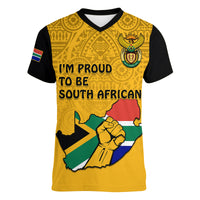 (Custom Personalised) South Africa Women V Neck T Shirt African Pattern Happy Freedom Day Yellow Version - Wonder Print Shop