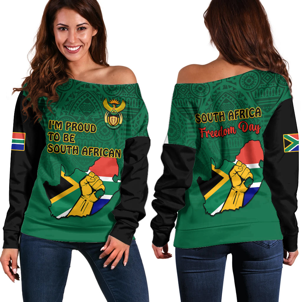 South Africa Off Shoulder Sweater African Pattern Happy Freedom Day Green Version - Wonder Print Shop