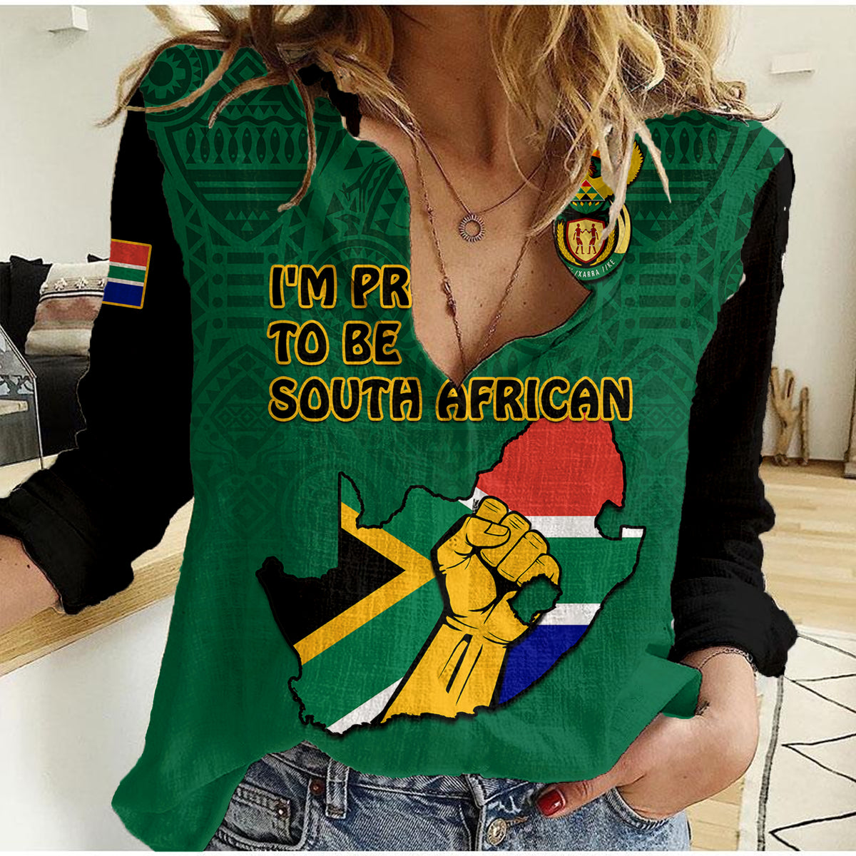 South Africa Women Casual Shirt African Pattern Happy Freedom Day Green Version - Wonder Print Shop