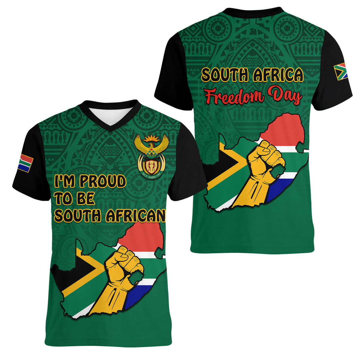 South Africa Women V Neck T Shirt African Pattern Happy Freedom Day Green Version - Wonder Print Shop