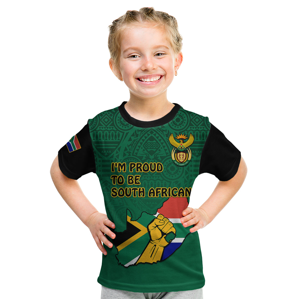 (Custom Personalised) South Africa Kid T Shirt African Pattern Happy Freedom Day Green Version - Wonder Print Shop