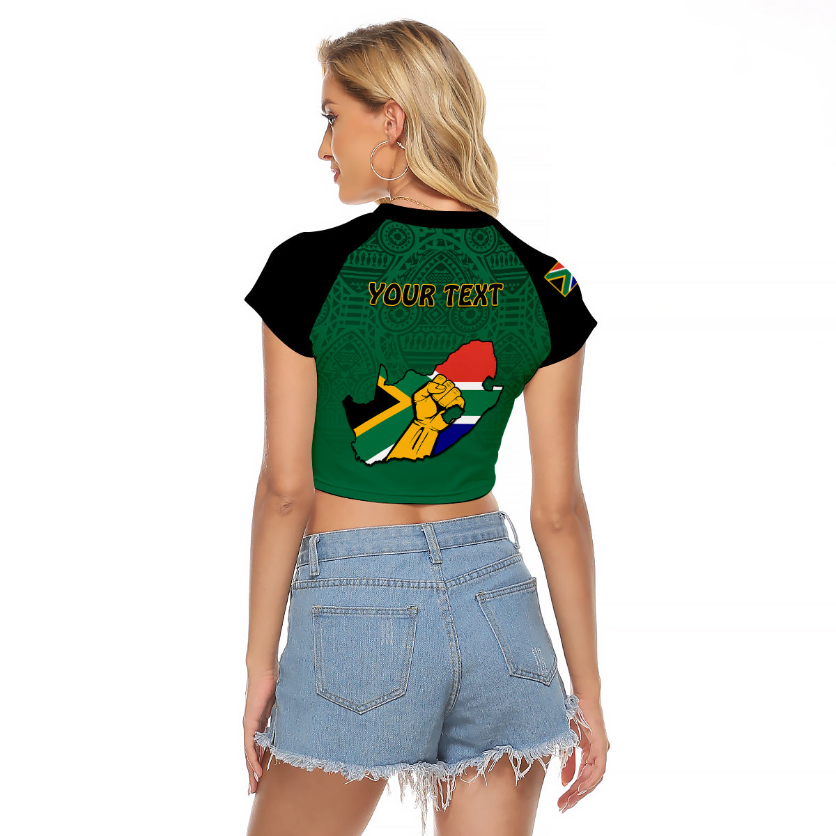 (Custom Personalised) South Africa Raglan Cropped T Shirt African Pattern Happy Freedom Day Green Version - Wonder Print Shop